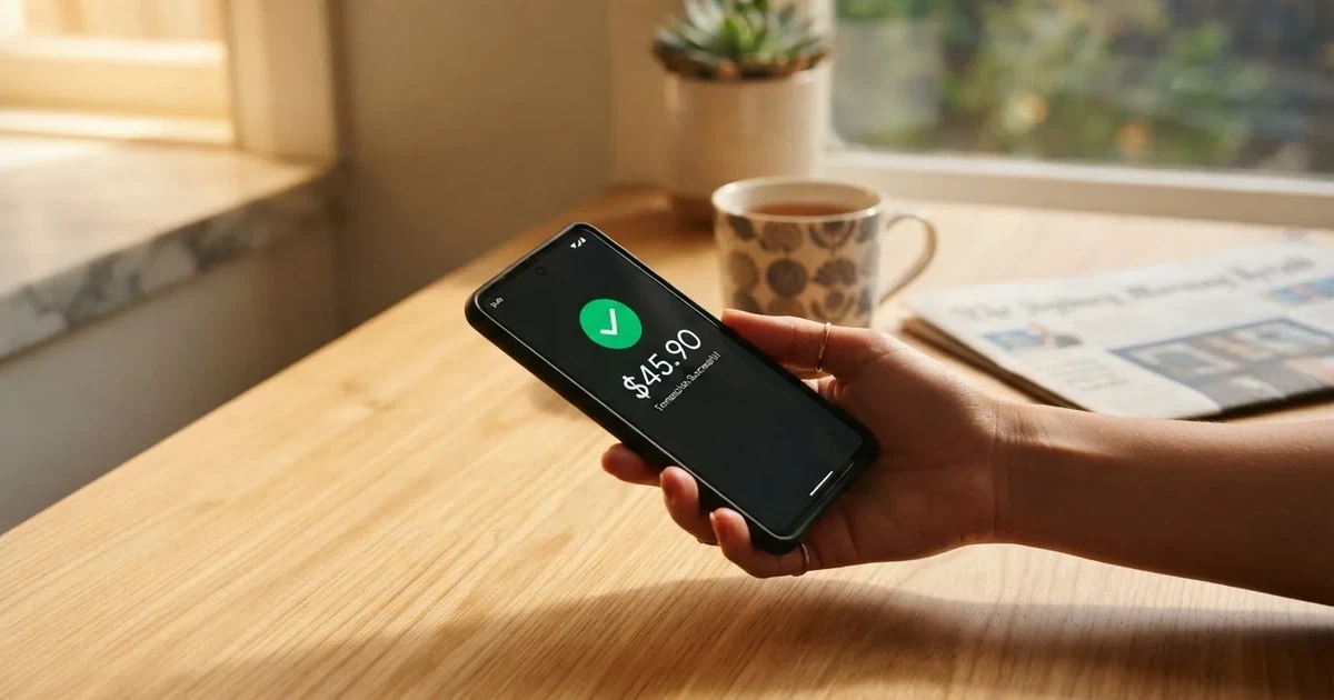 A smartphone screen showing a generic bank-transfer confirmation tick, held over a kitchen table.