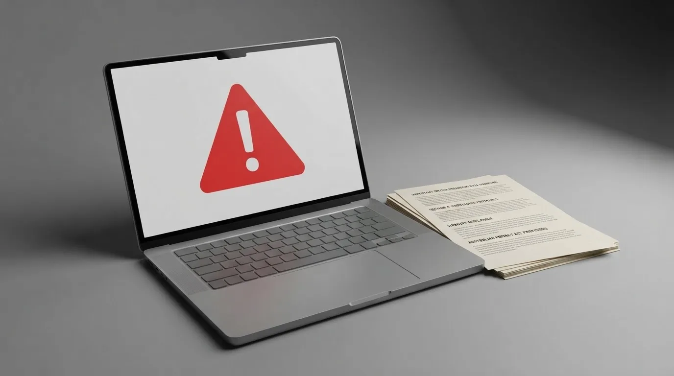 A red triangular warning sign icon on a laptop screen next to a stack of legal papers, symbolising an official caution rather than any specific website.