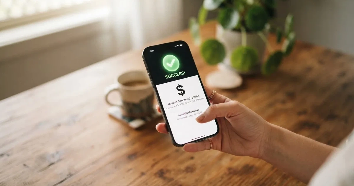 A smartphone screen showing a generic bank-transfer confirmation tick, held over a kitchen table.