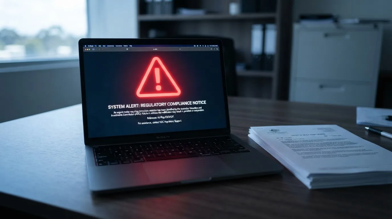 A red triangular warning sign icon on a laptop screen next to a stack of legal papers, symbolising an official caution rather than any specific website.