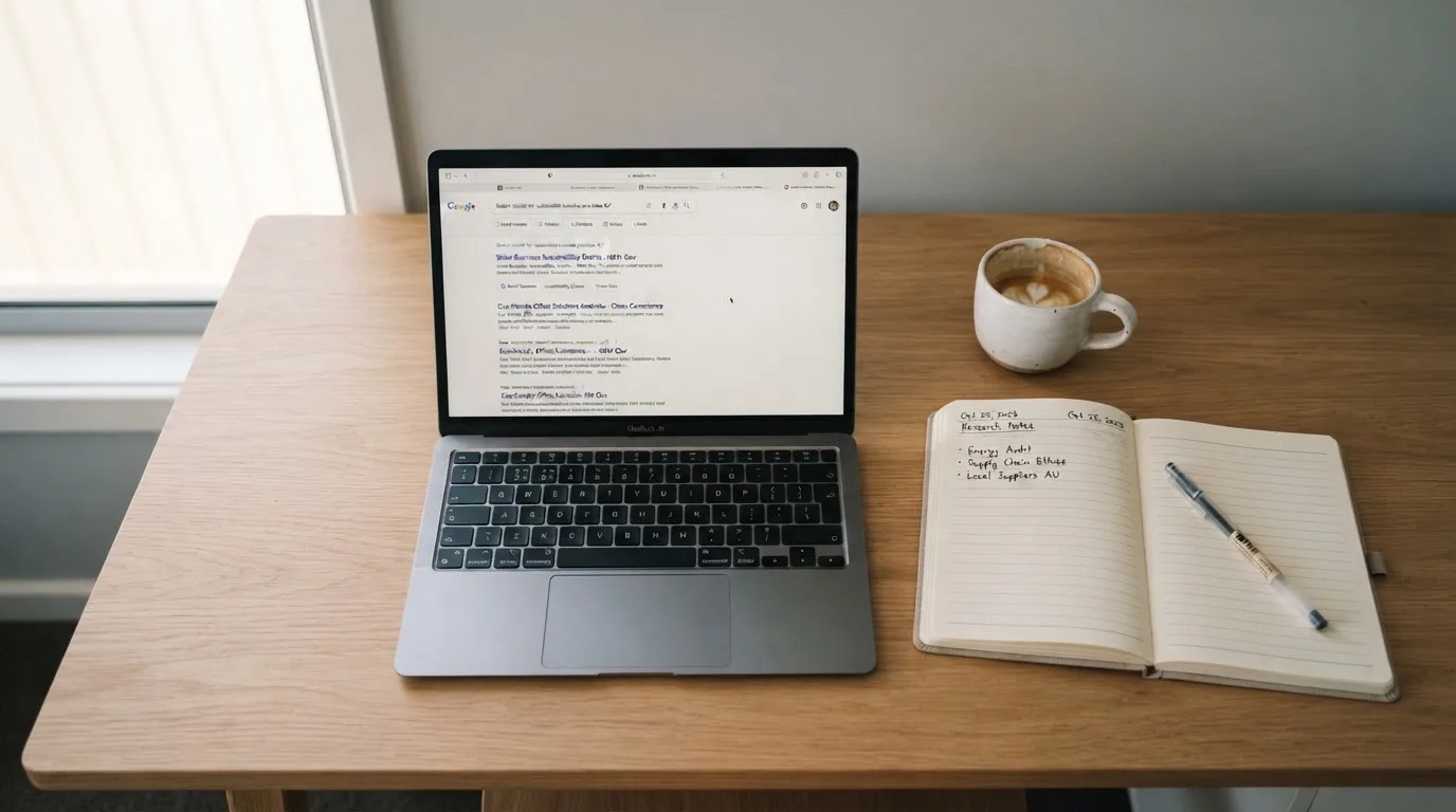 A tidy desk with a laptop open on a plain search-results page, a notebook and a coffee cup beside it, no screens showing any casino branding.
