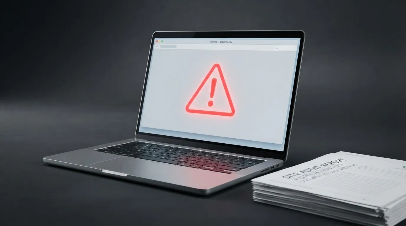 A red triangular warning sign icon on a laptop screen next to a stack of legal papers, symbolising an official caution rather than any specific website.