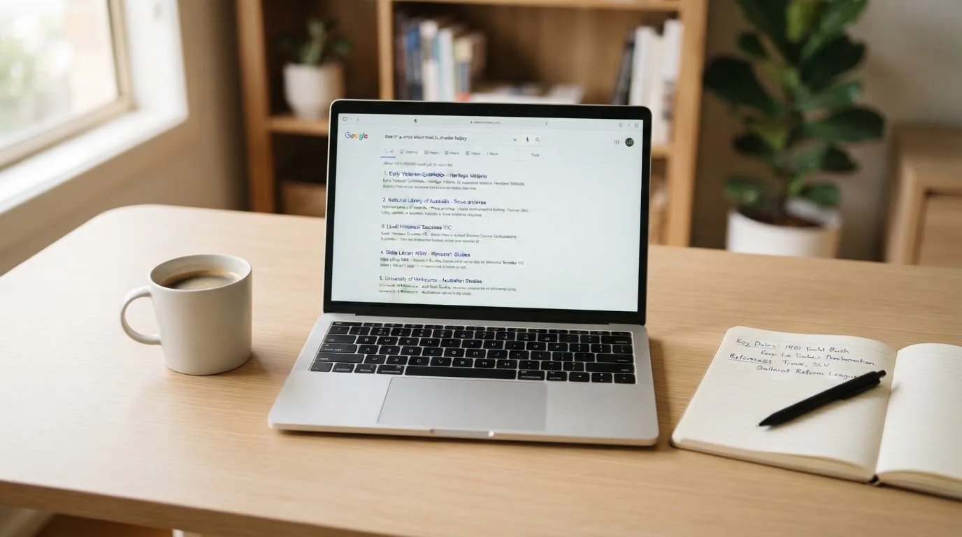 A tidy desk with a laptop open on a plain search-results page, a notebook and a coffee cup beside it, no screens showing any casino branding.