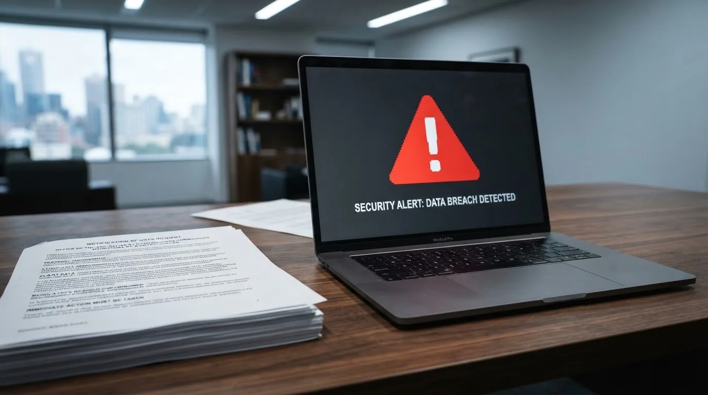 A red triangular warning sign icon on a laptop screen next to a stack of legal papers, symbolising an official caution rather than any specific website.