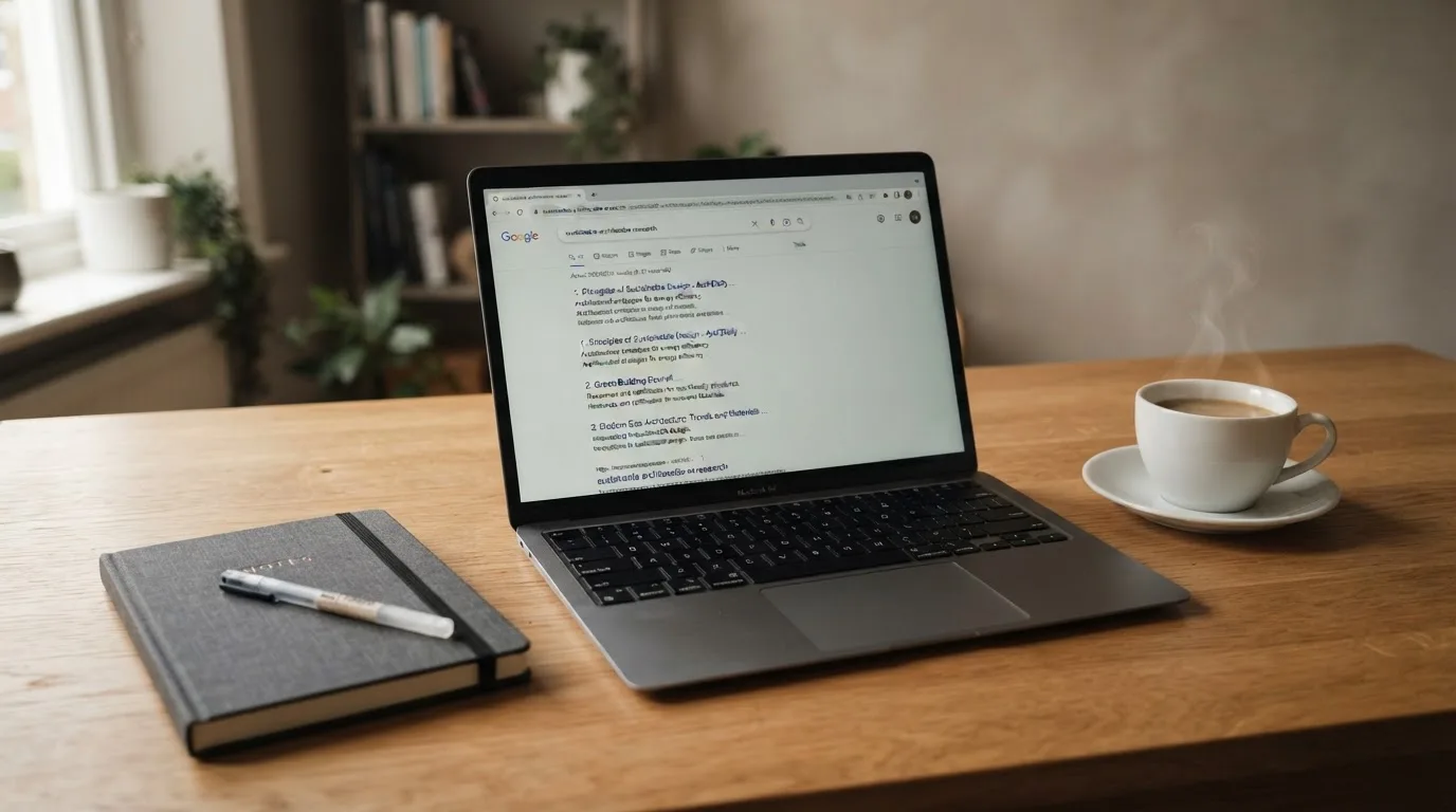 A tidy desk with a laptop open on a plain search-results page, a notebook and a coffee cup beside it, no screens showing any casino branding.