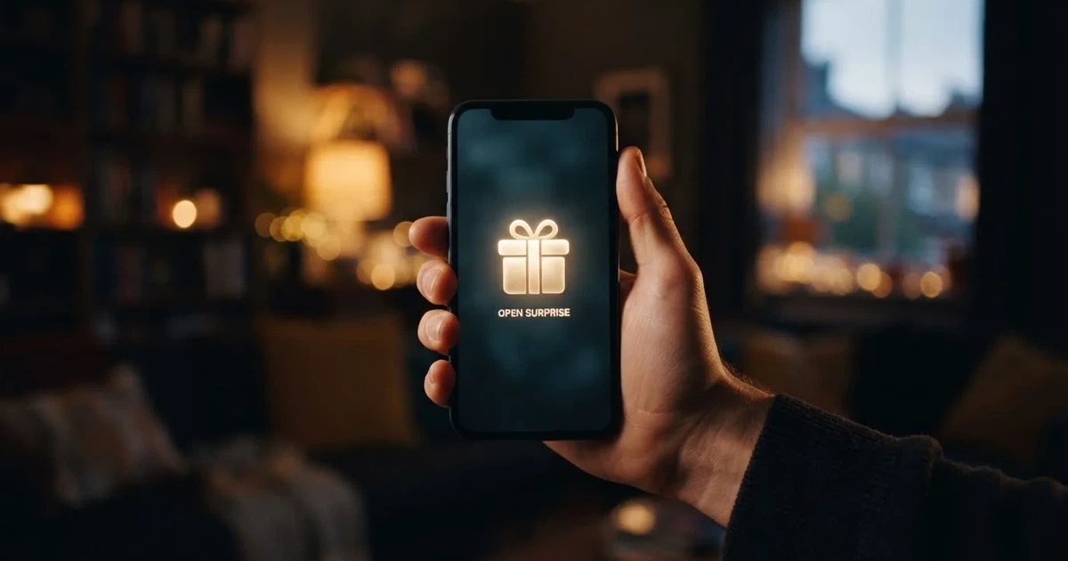 A gift box icon glowing on a phone screen, held at arm's length, suggesting an unopened offer rather than an active game.