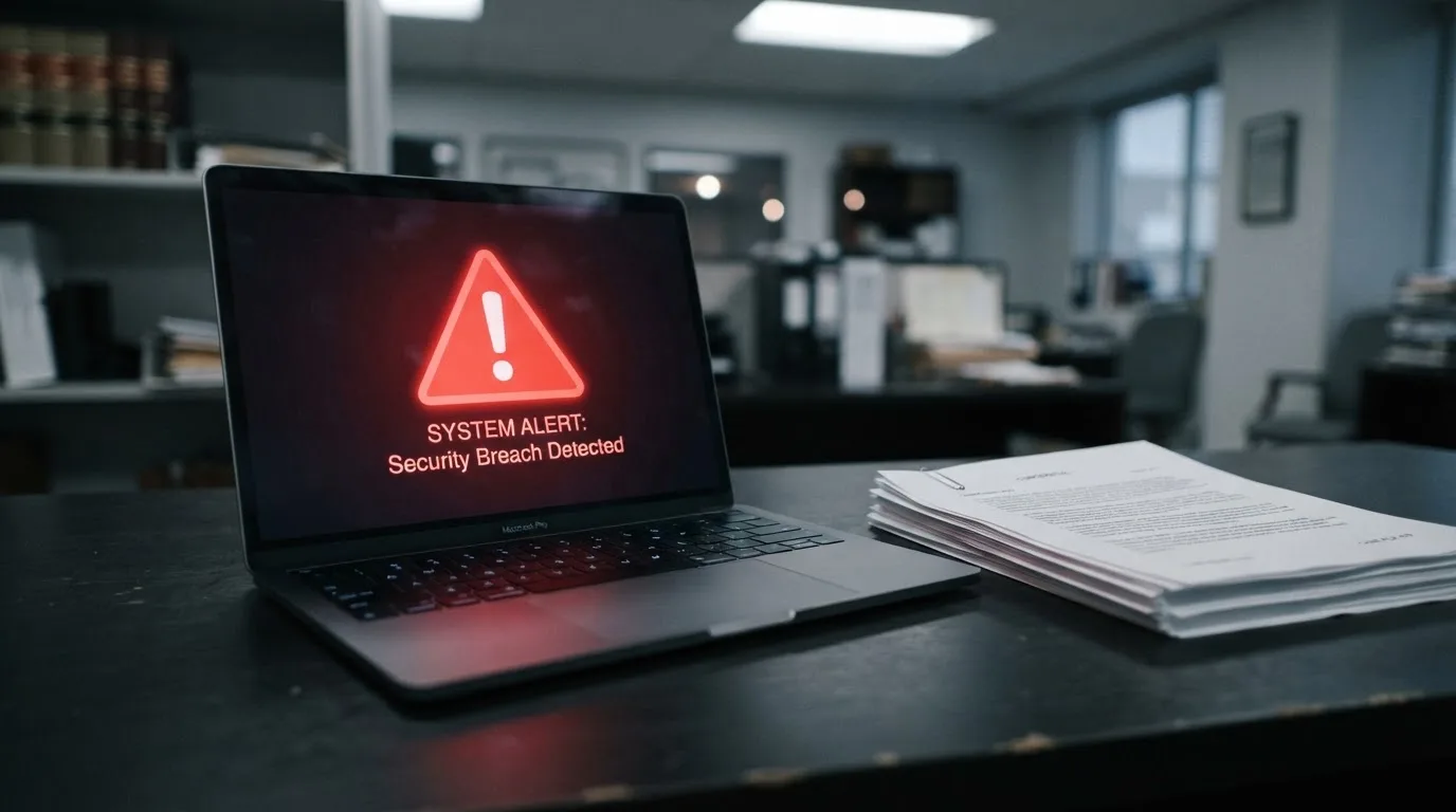 A red triangular warning sign icon on a laptop screen next to a stack of legal papers, symbolising an official caution rather than any specific website.