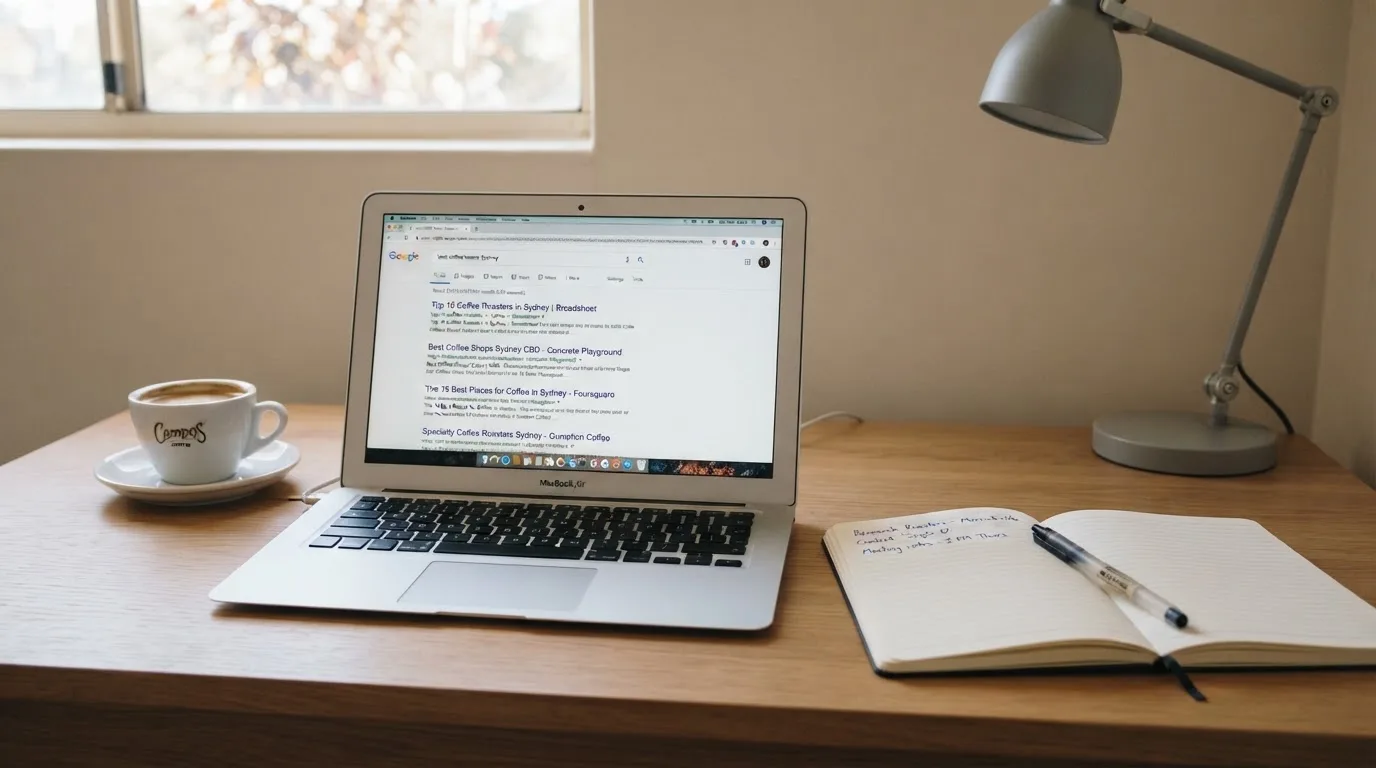 A tidy desk with a laptop open on a plain search-results page, a notebook and a coffee cup beside it, no screens showing any casino branding.