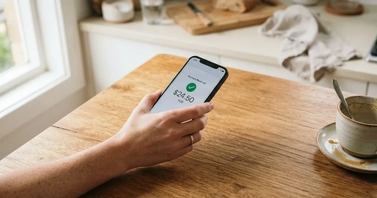 A smartphone screen showing a generic bank-transfer confirmation tick, held over a kitchen table.