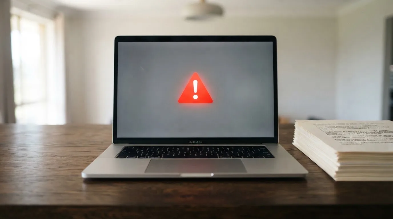 A red triangular warning sign icon on a laptop screen next to a stack of legal papers, symbolising an official caution rather than any specific website.