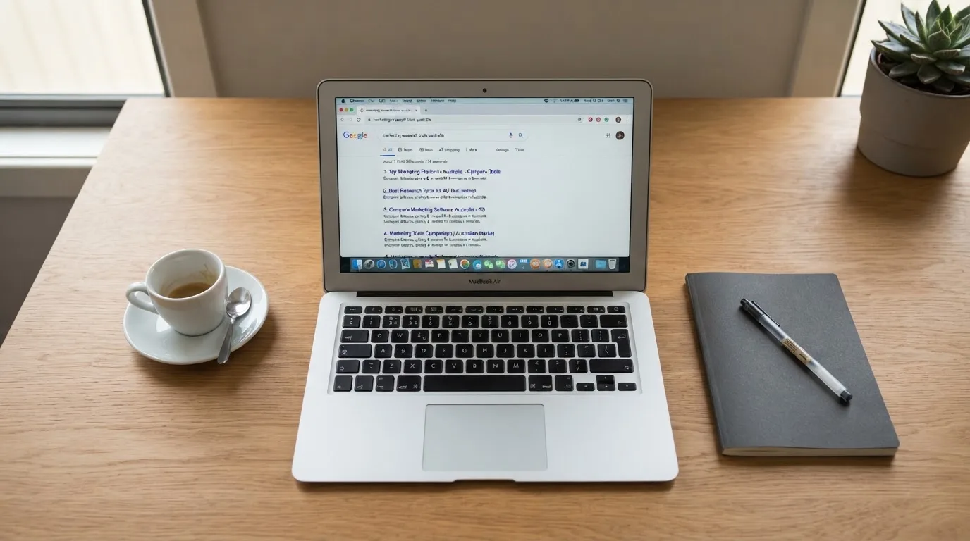 A tidy desk with a laptop open on a plain search-results page, a notebook and a coffee cup beside it, no screens showing any casino branding.