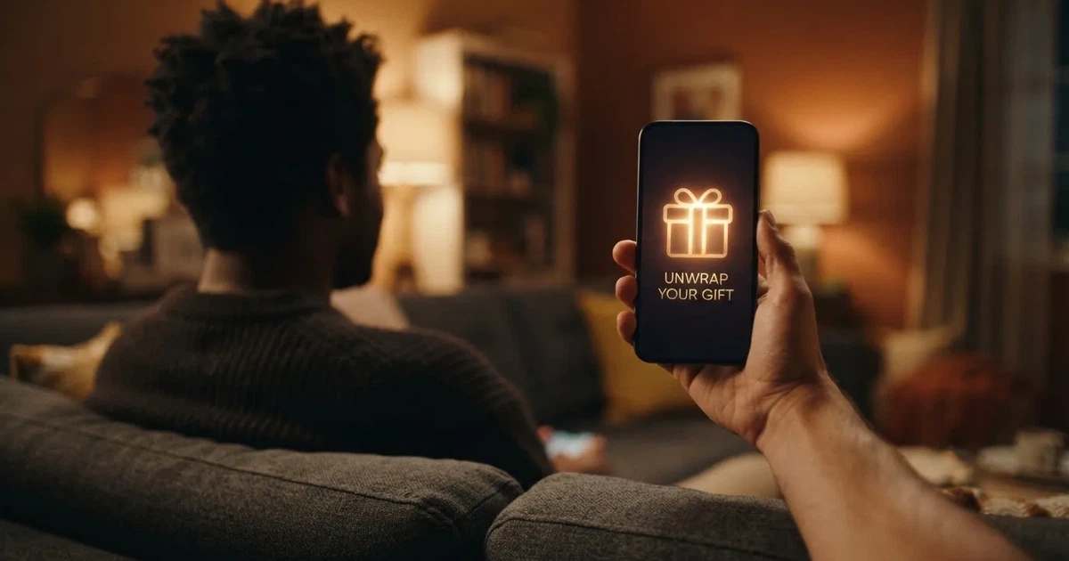 A gift box icon glowing on a phone screen, held at arm's length, suggesting an unopened offer rather than an active game.