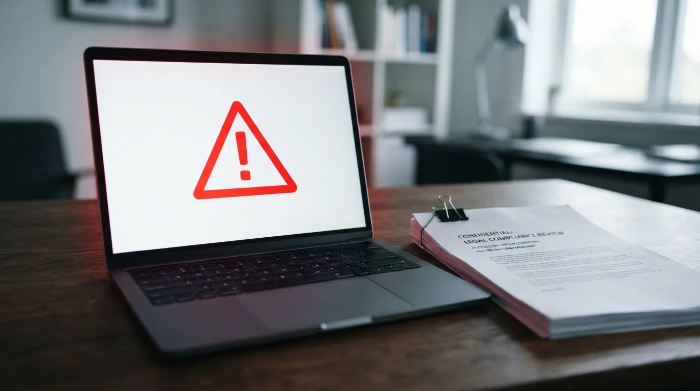 A red triangular warning sign icon on a laptop screen next to a stack of legal papers, symbolising an official caution rather than any specific website.