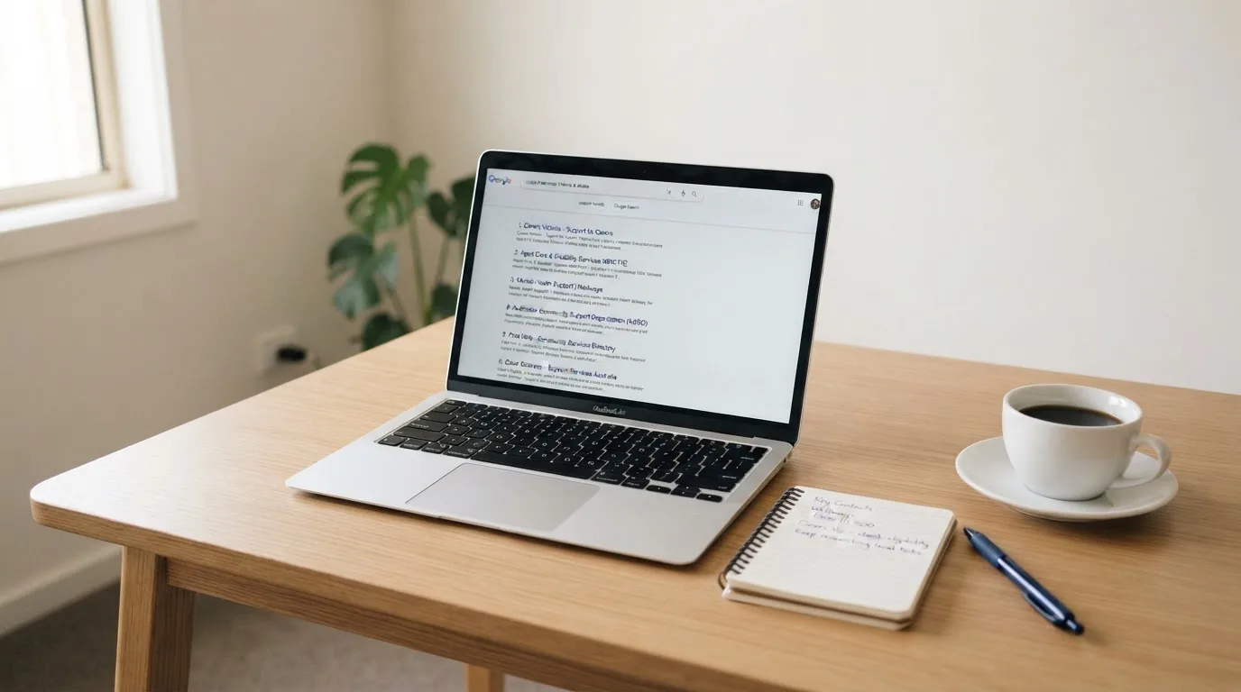 A tidy desk with a laptop open on a plain search-results page, a notebook and a coffee cup beside it, no screens showing any casino branding.