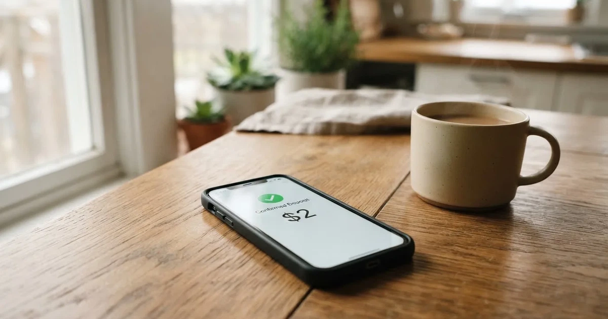 A smartphone screen showing a generic bank-transfer confirmation tick, held over a kitchen table.