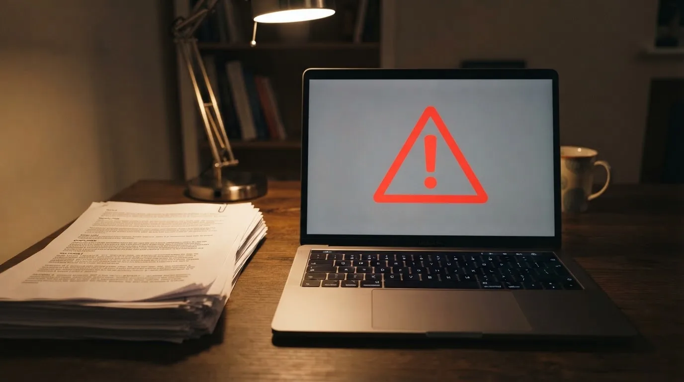 A red triangular warning sign icon on a laptop screen next to a stack of legal papers, symbolising an official caution rather than any specific website.