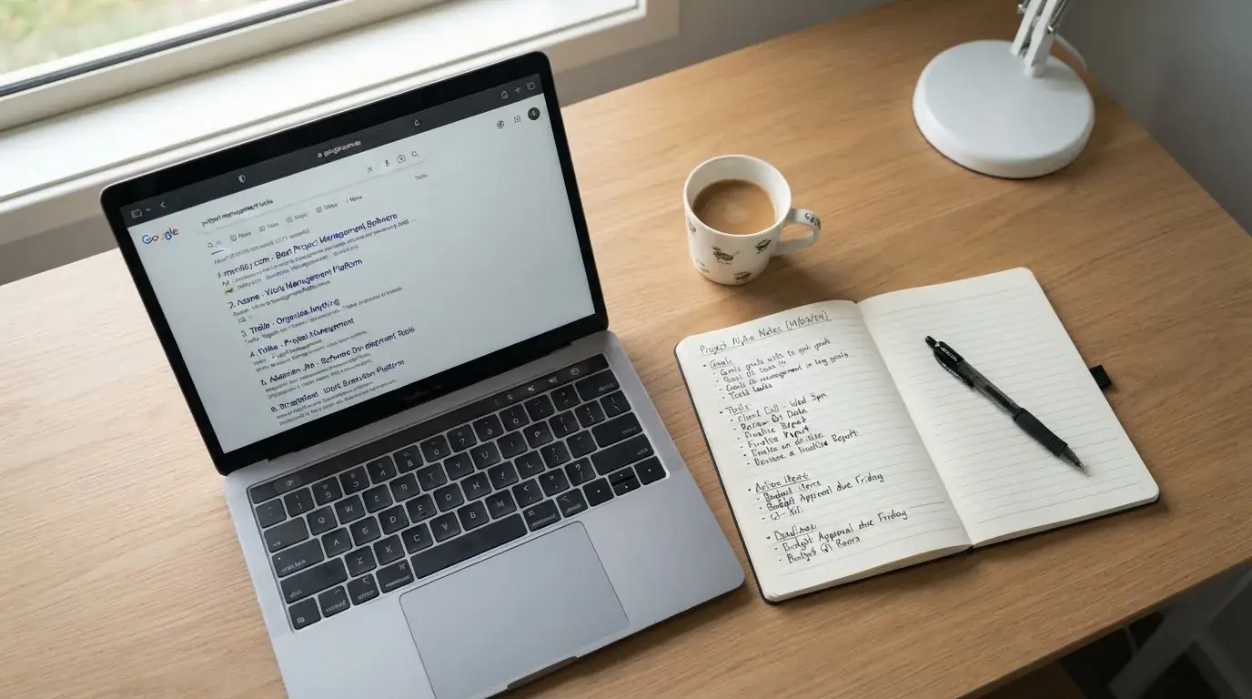 A tidy desk with a laptop open on a plain search-results page, a notebook and a coffee cup beside it, no screens showing any casino branding.