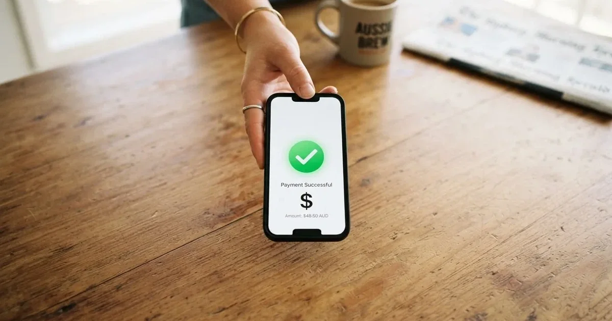 A smartphone screen showing a generic bank-transfer confirmation tick, held over a kitchen table.