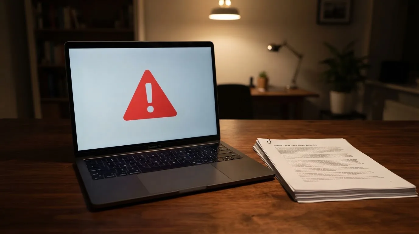 A red triangular warning sign icon on a laptop screen next to a stack of legal papers, symbolising an official caution rather than any specific website.