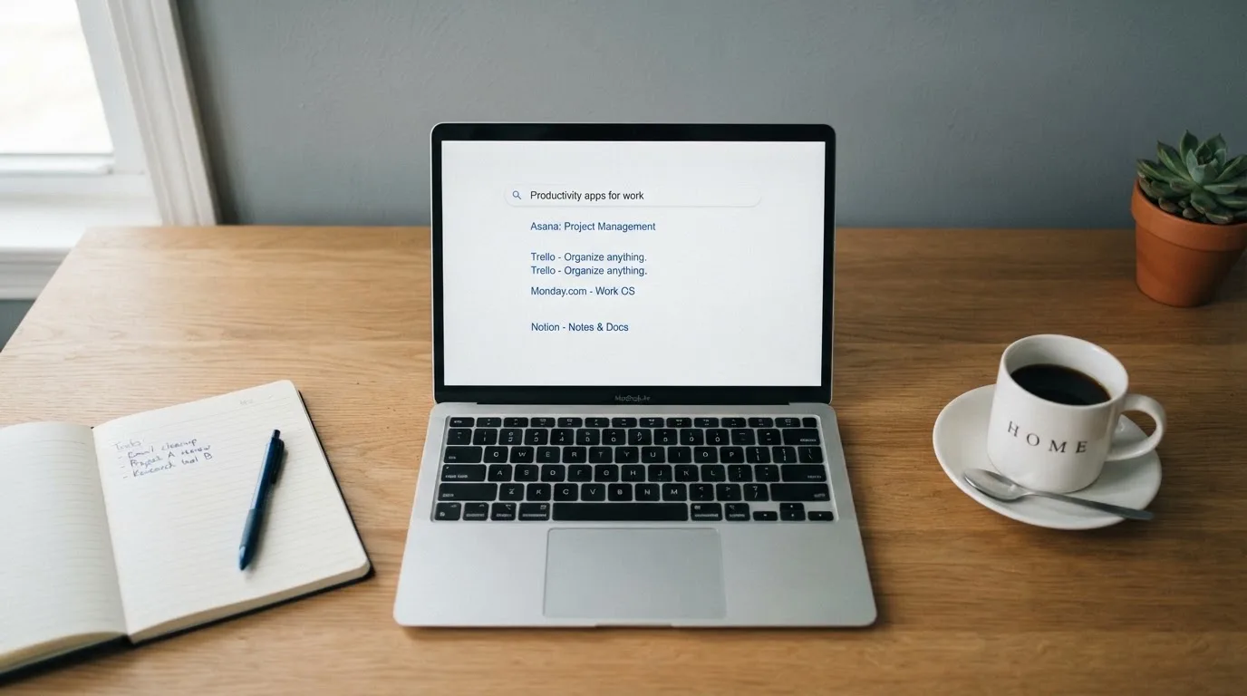 A tidy desk with a laptop open on a plain search-results page, a notebook and a coffee cup beside it, no screens showing any casino branding.