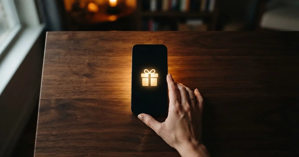 A gift box icon glowing on a phone screen, held at arm's length, suggesting an unopened offer rather than an active game.