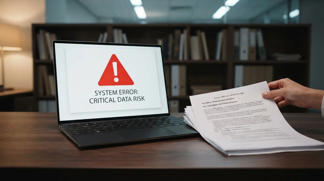 A red triangular warning sign icon on a laptop screen next to a stack of legal papers, symbolising an official caution rather than any specific website.