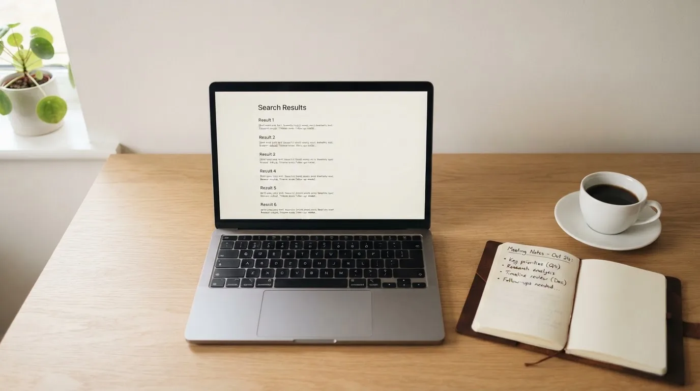 A tidy desk with a laptop open on a plain search-results page, a notebook and a coffee cup beside it, no screens showing any casino branding.