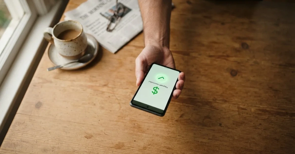 A smartphone screen showing a generic bank-transfer confirmation tick, held over a kitchen table.