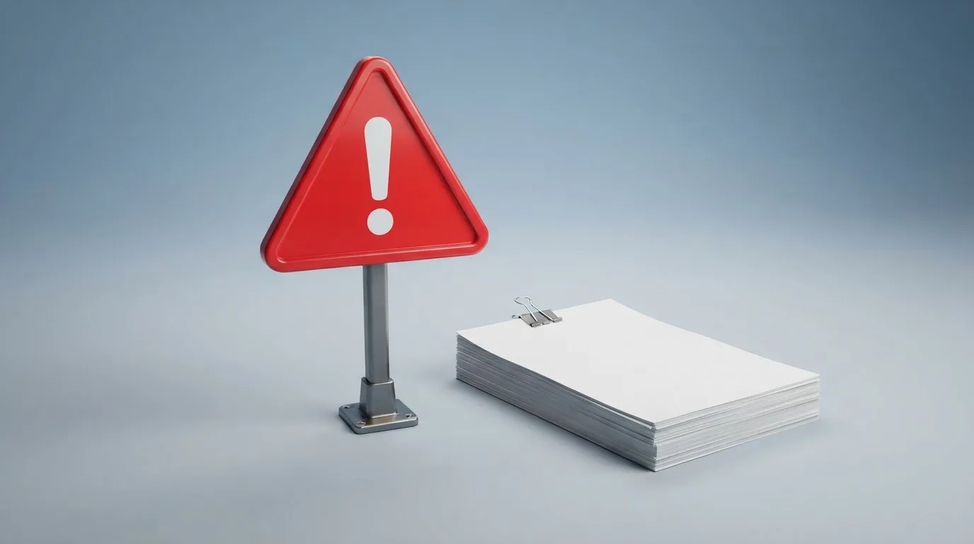 A red triangular warning sign icon on a laptop screen next to a stack of legal papers, symbolising an official caution rather than any specific website.