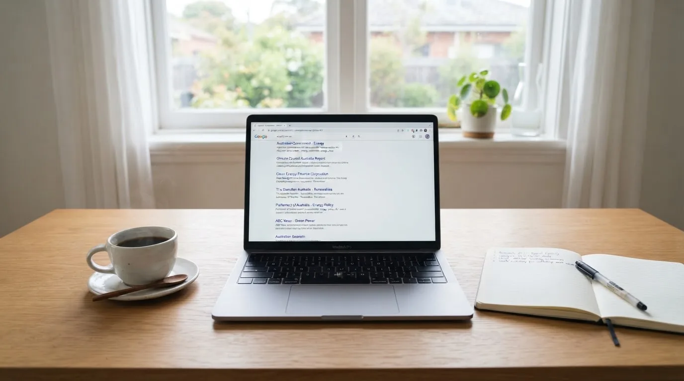 A tidy desk with a laptop open on a plain search-results page, a notebook and a coffee cup beside it, no screens showing any casino branding.