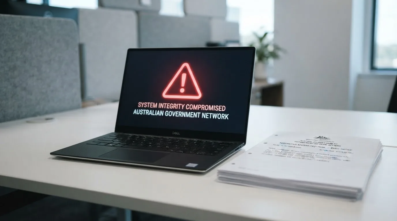 A red triangular warning sign icon on a laptop screen next to a stack of legal papers, symbolising an official caution rather than any specific website.