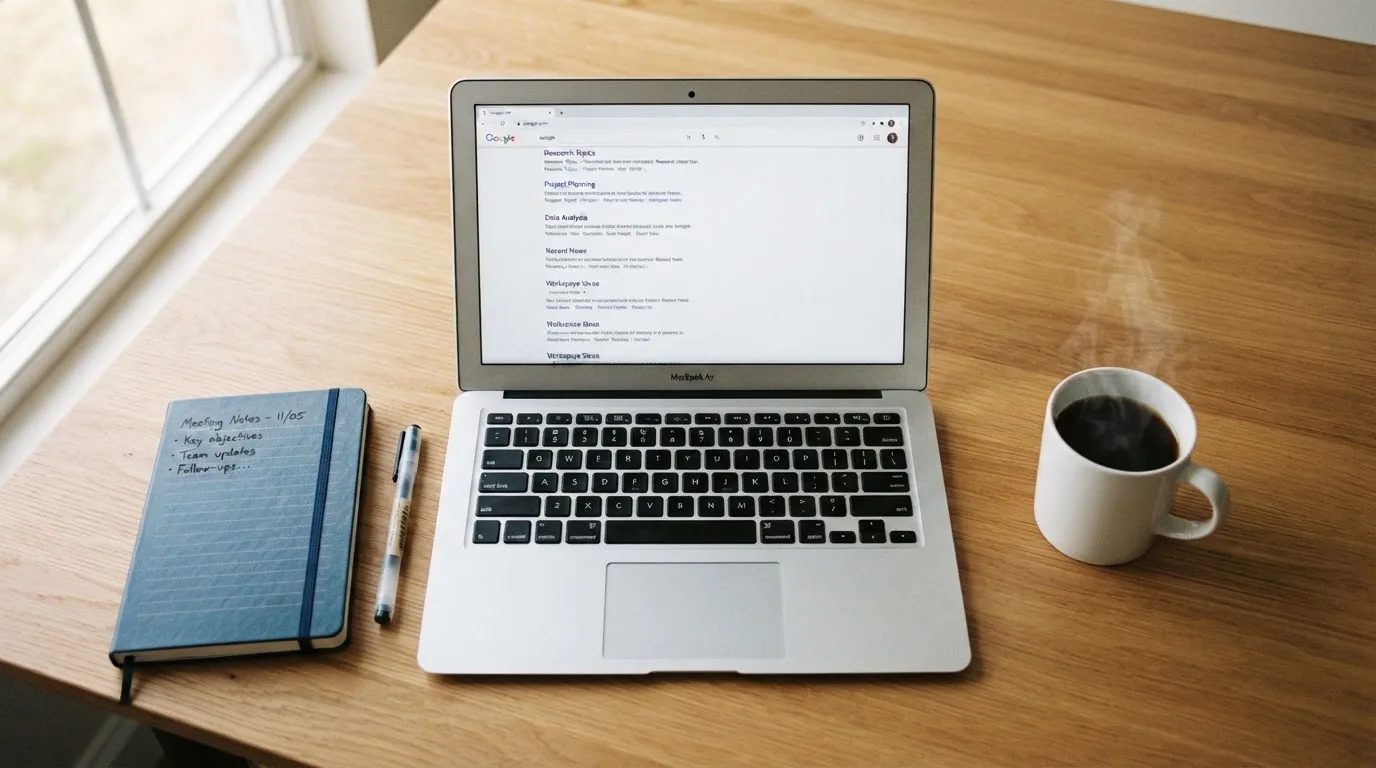 A tidy desk with a laptop open on a plain search-results page, a notebook and a coffee cup beside it, no screens showing any casino branding.