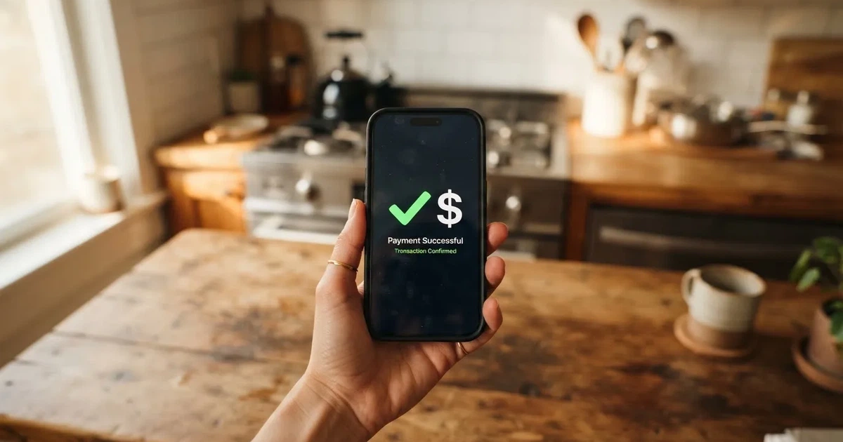 A smartphone screen showing a generic bank-transfer confirmation tick, held over a kitchen table.