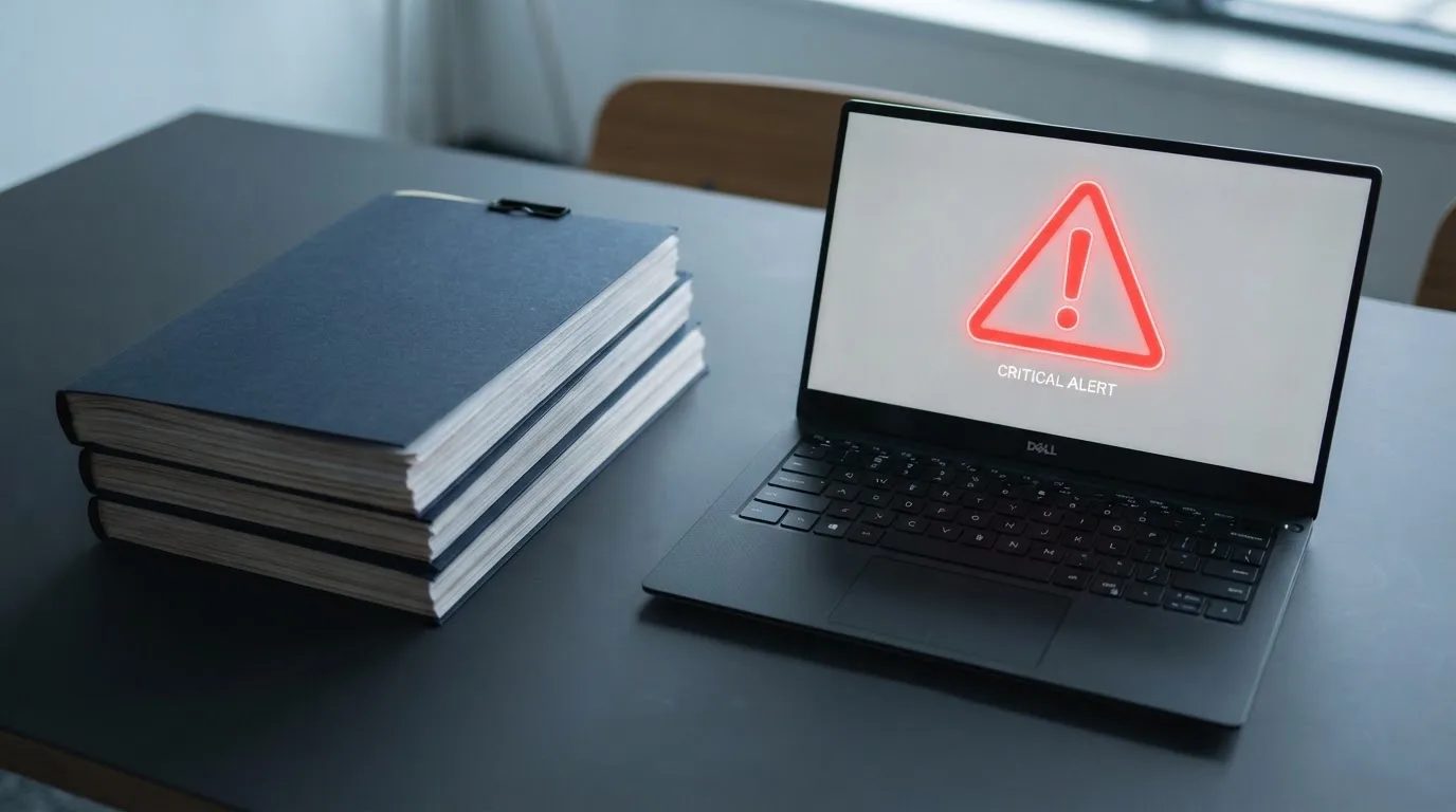 A red triangular warning sign icon on a laptop screen next to a stack of legal papers, symbolising an official caution rather than any specific website.