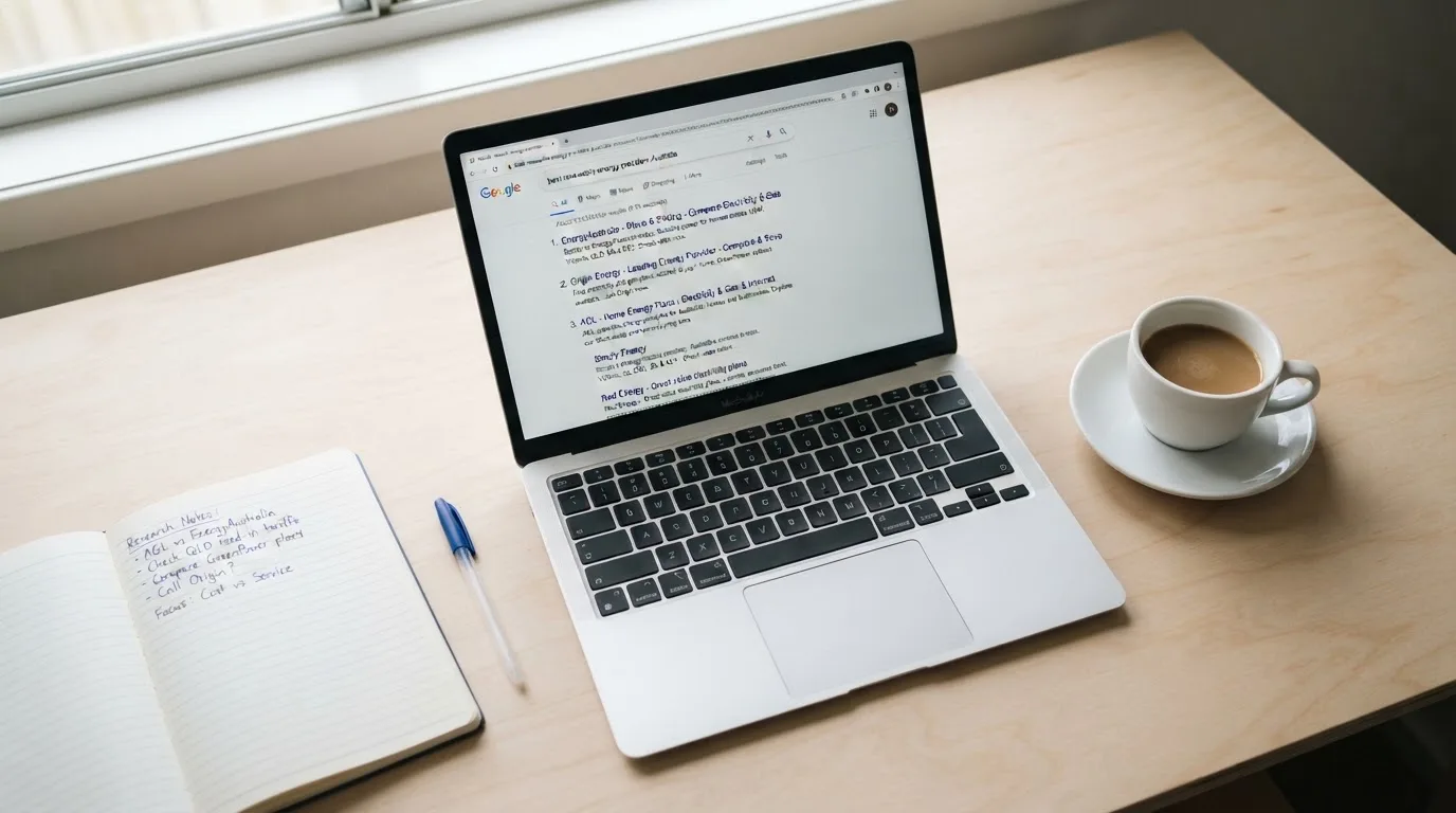 A tidy desk with a laptop open on a plain search-results page, a notebook and a coffee cup beside it, no screens showing any casino branding.