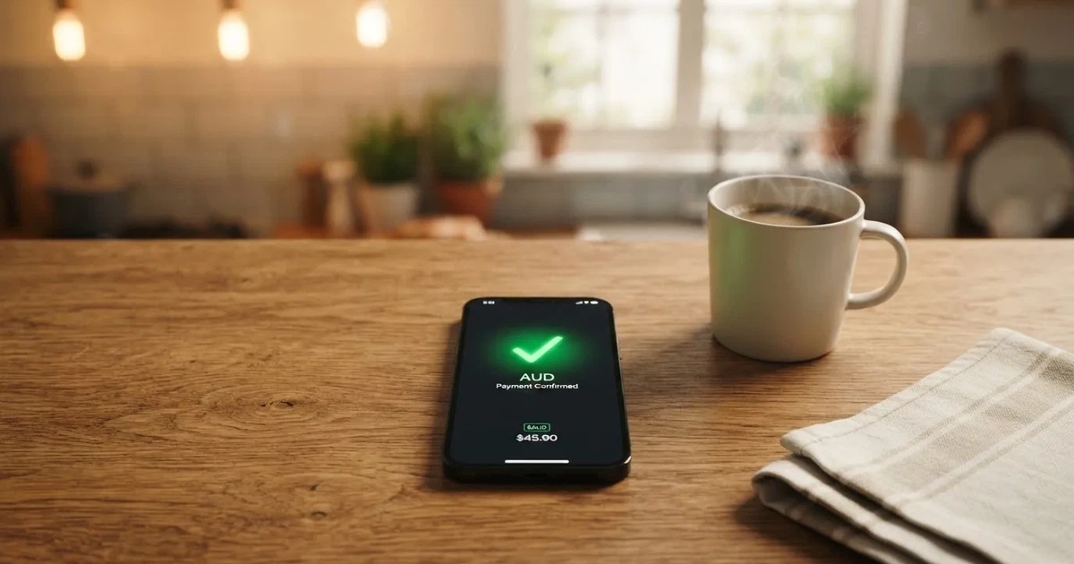 A smartphone screen showing a generic bank-transfer confirmation tick, held over a kitchen table.