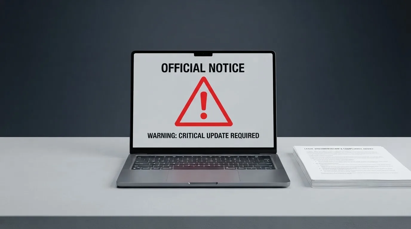 A red triangular warning sign icon on a laptop screen next to a stack of legal papers, symbolising an official caution rather than any specific website.