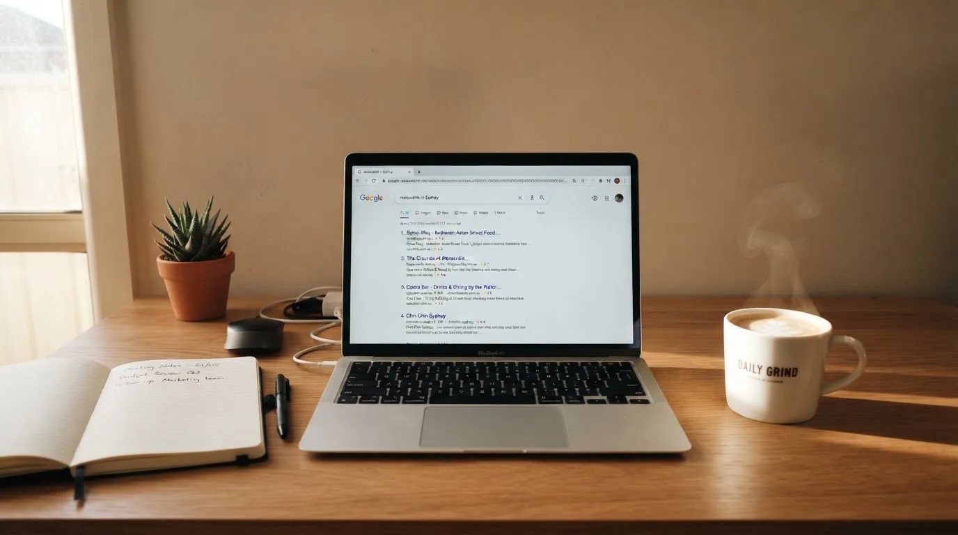 A tidy desk with a laptop open on a plain search-results page, a notebook and a coffee cup beside it, no screens showing any casino branding.