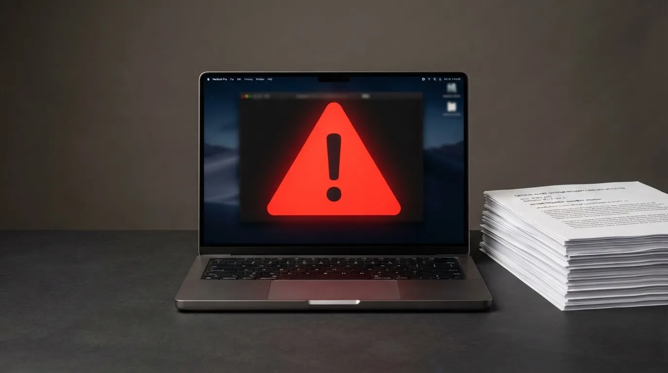 A red triangular warning sign icon on a laptop screen next to a stack of legal papers, symbolising an official caution rather than any specific website.
