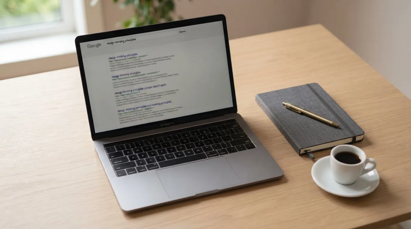 A tidy desk with a laptop open on a plain search-results page, a notebook and a coffee cup beside it, no screens showing any casino branding.