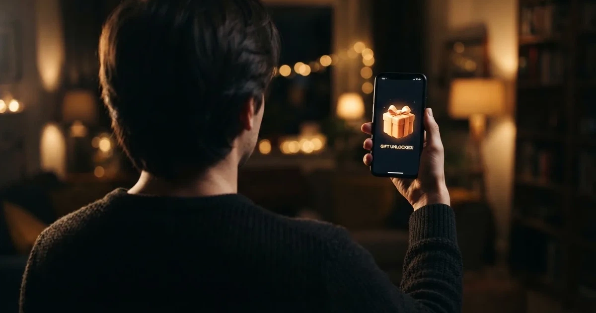 A gift box icon glowing on a phone screen, held at arm's length, suggesting an unopened offer rather than an active game.