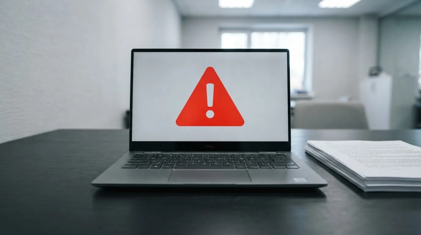 A red triangular warning sign icon on a laptop screen next to a stack of legal papers, symbolising an official caution rather than any specific website.