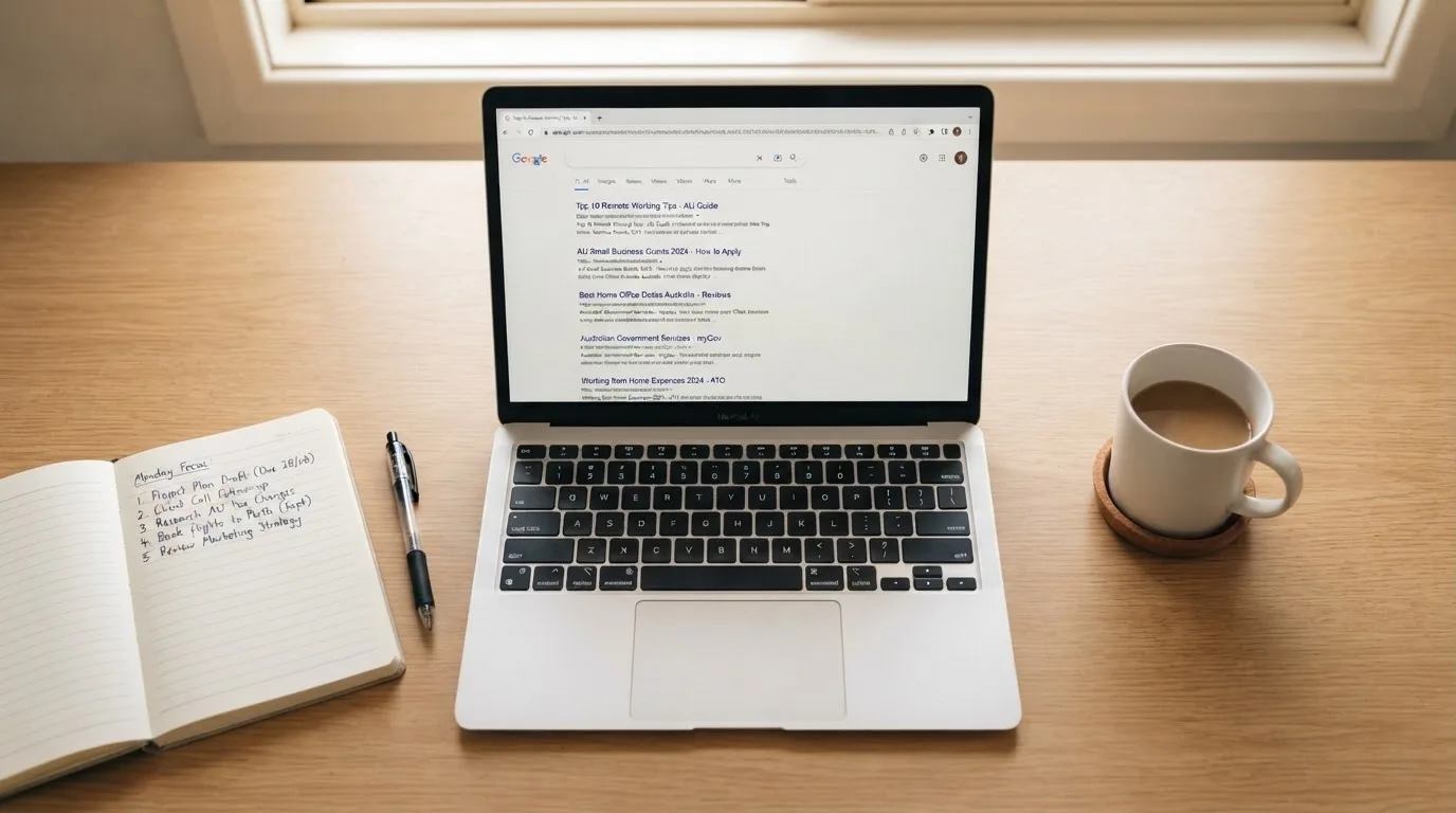 A tidy desk with a laptop open on a plain search-results page, a notebook and a coffee cup beside it, no screens showing any casino branding.