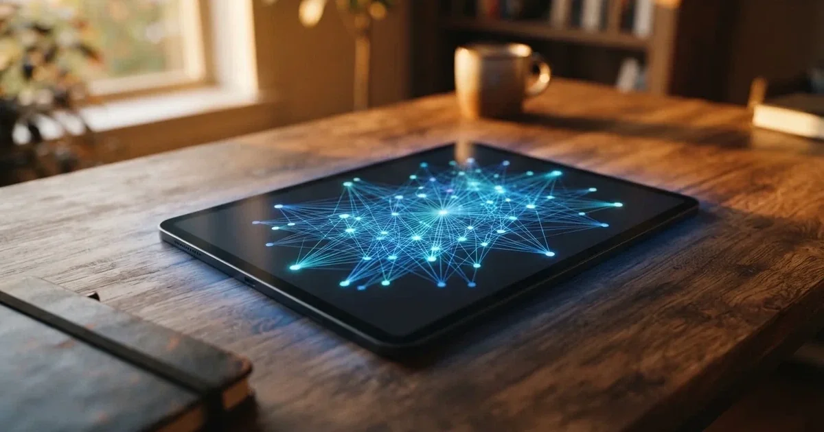 A network of glowing connected nodes displayed on a tablet screen, representing a distributed ledger diagram.