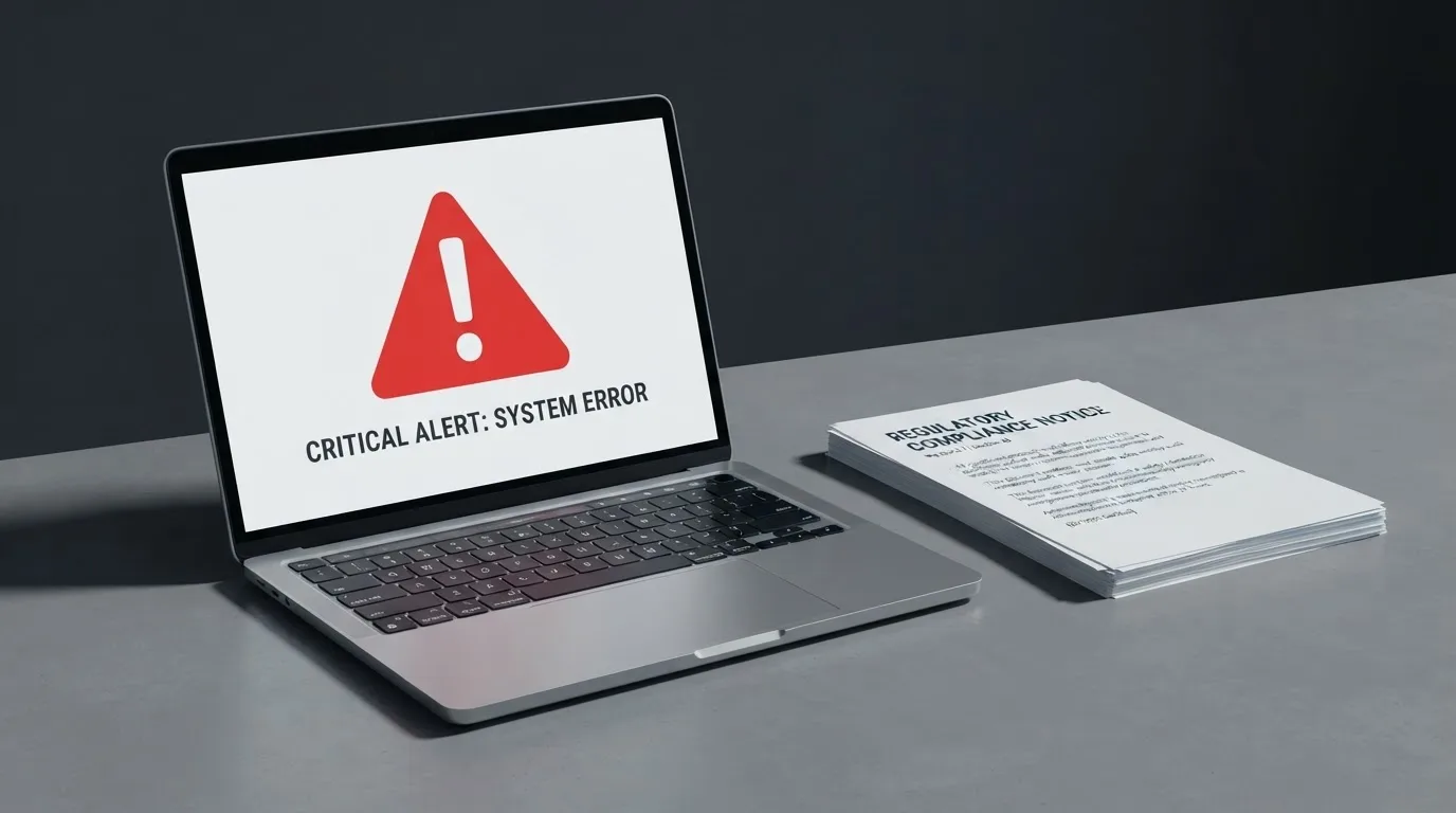 A red triangular warning sign icon on a laptop screen next to a stack of legal papers, symbolising an official caution rather than any specific website.