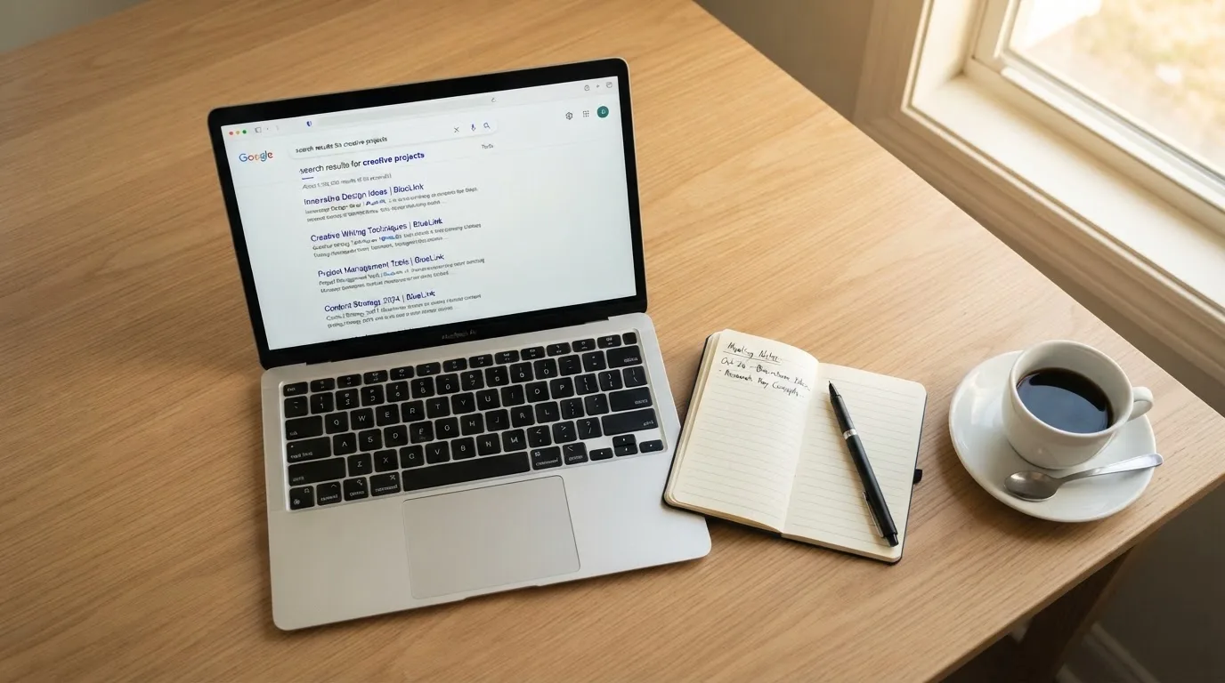 A tidy desk with a laptop open on a plain search-results page, a notebook and a coffee cup beside it, no screens showing any casino branding.