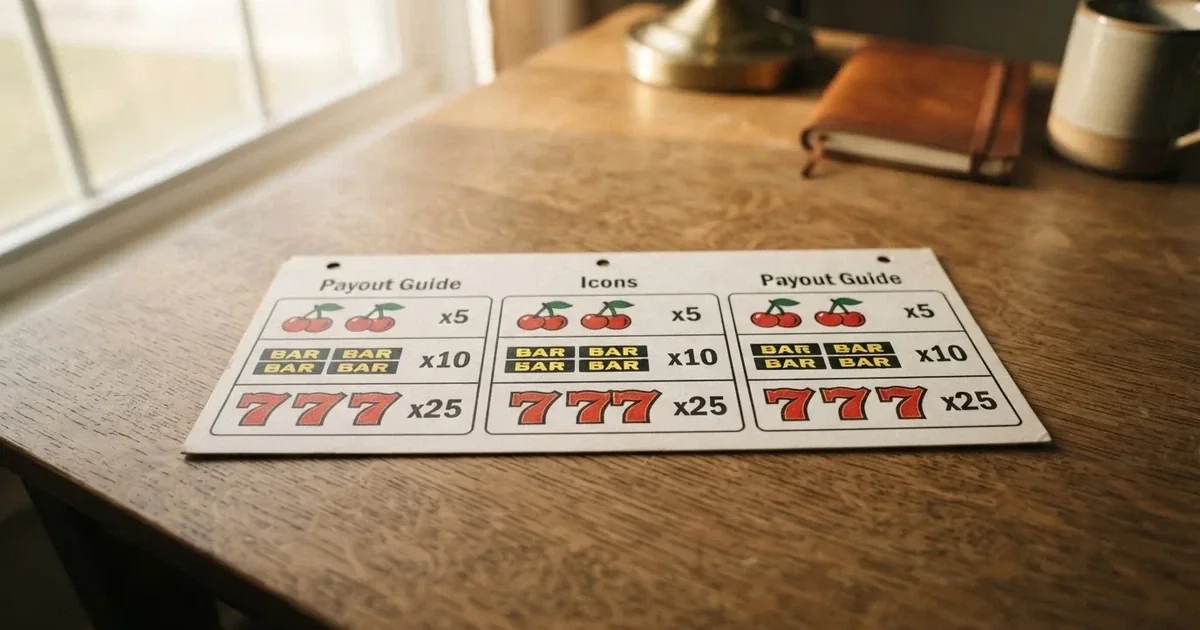 A printed strip of generic slot symbols and payout numbers laid on a desk, like a reference chart rather than a live game.