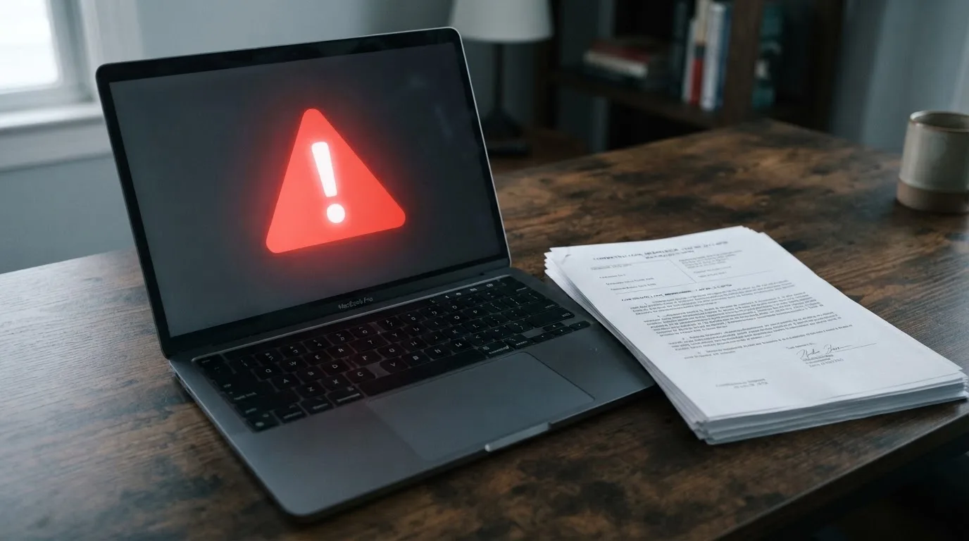 A red triangular warning sign icon on a laptop screen next to a stack of legal papers, symbolising an official caution rather than any specific website.