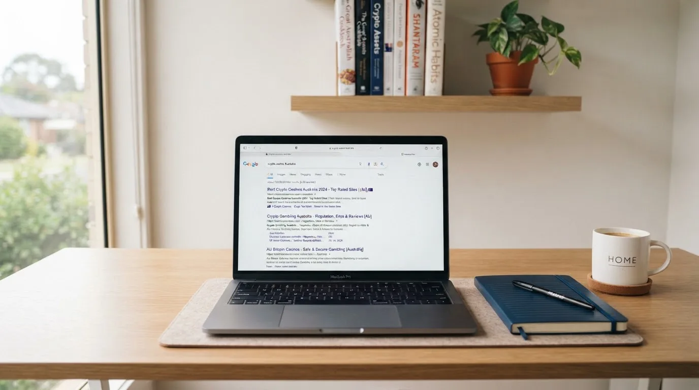 A tidy desk with a laptop open on a plain search-results page, a notebook and a coffee cup beside it, no screens showing any casino branding.
