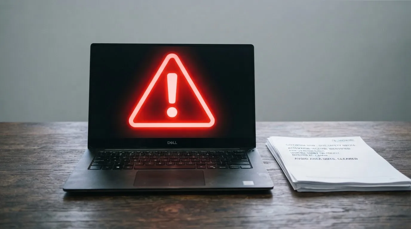 A red triangular warning sign icon on a laptop screen next to a stack of legal papers, symbolising an official caution rather than any specific website.